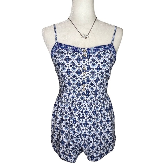 AEO Boho Romper Blue White Purple XS American Eagle Extra Small Bohemian - Picture 1 of 16